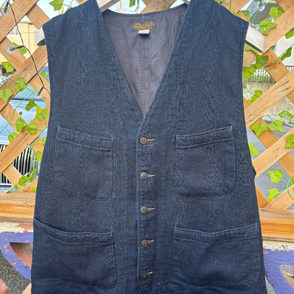 $625 RRL Double RL Ralph Lauren Indigo Navy Blue Herringbone Vest/Waistcoat - XL